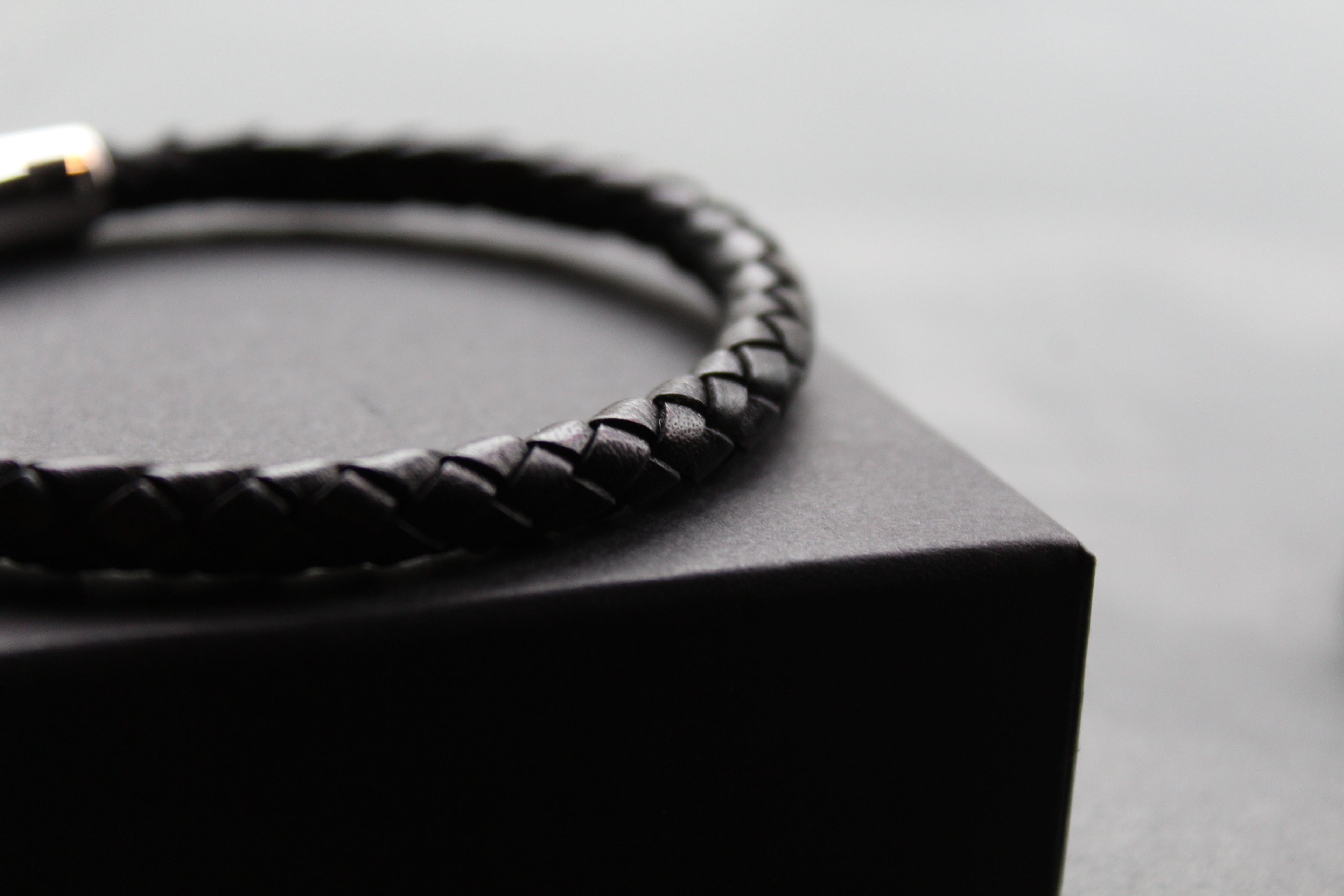 Black Leather Bracelet with Stainless Steel Clasp