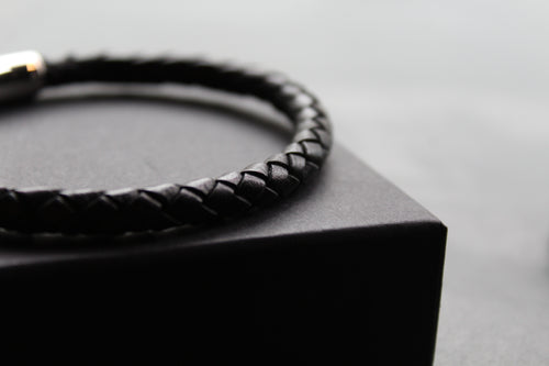 Black Leather Bracelet with Stainless Steel Clasp