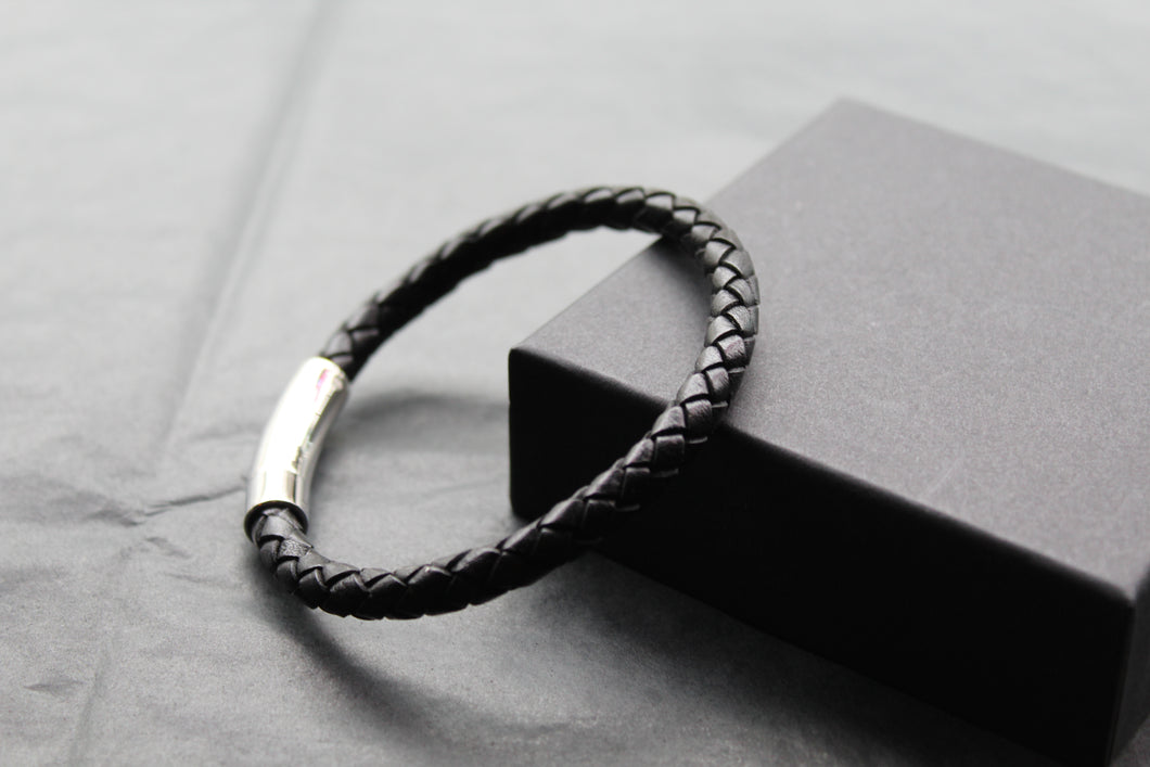 Black Leather Bracelet with Stainless Steel Clasp