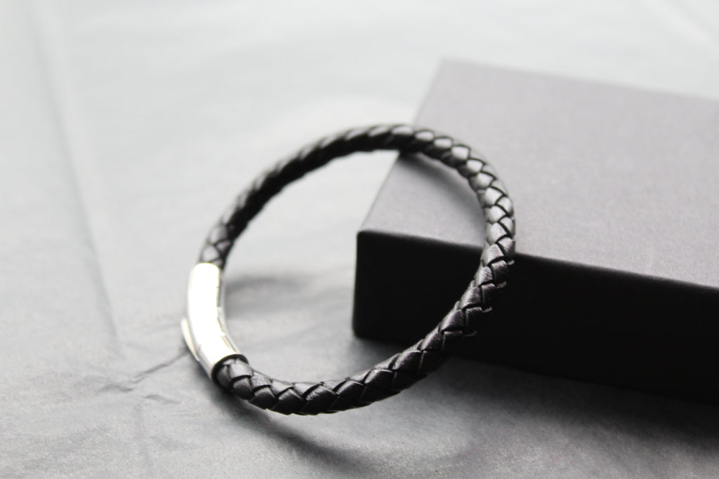 Black Leather Bracelet with Stainless Steel Clasp