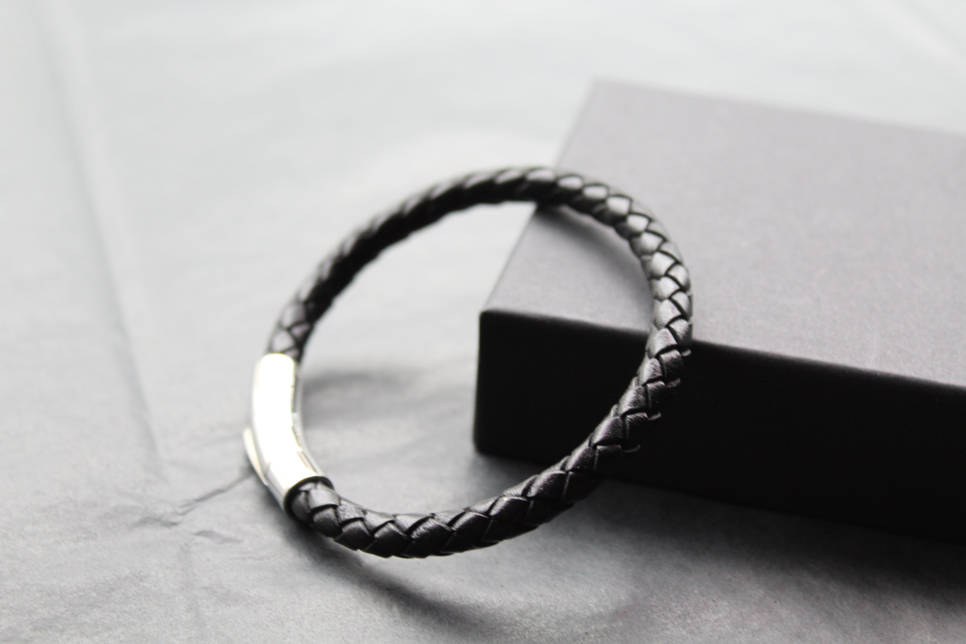 Black Leather Bracelet with Stainless Steel Clasp