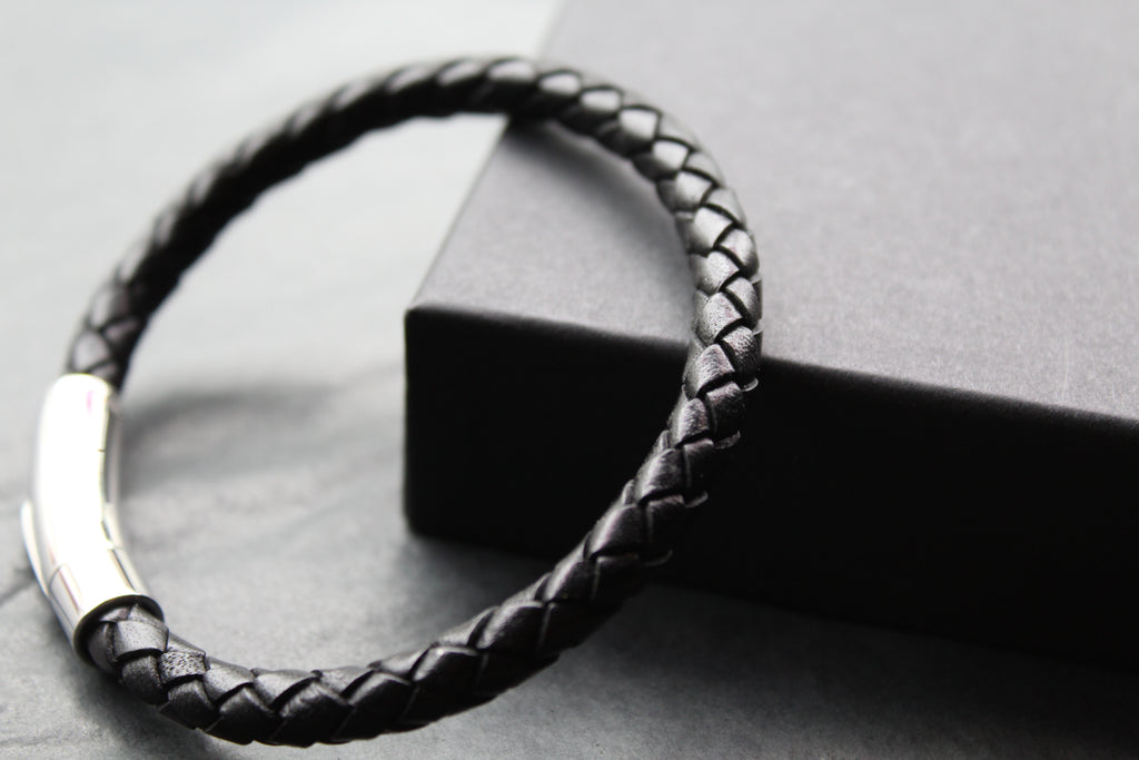 Black Leather Bracelet with Stainless Steel Clasp