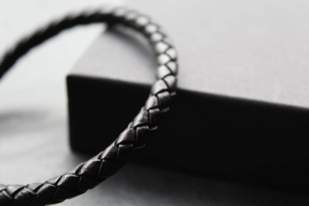 Black Leather Bracelet with Stainless Steel Clasp