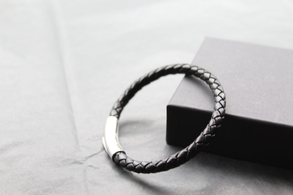 Black Leather Bracelet with Stainless Steel Clasp