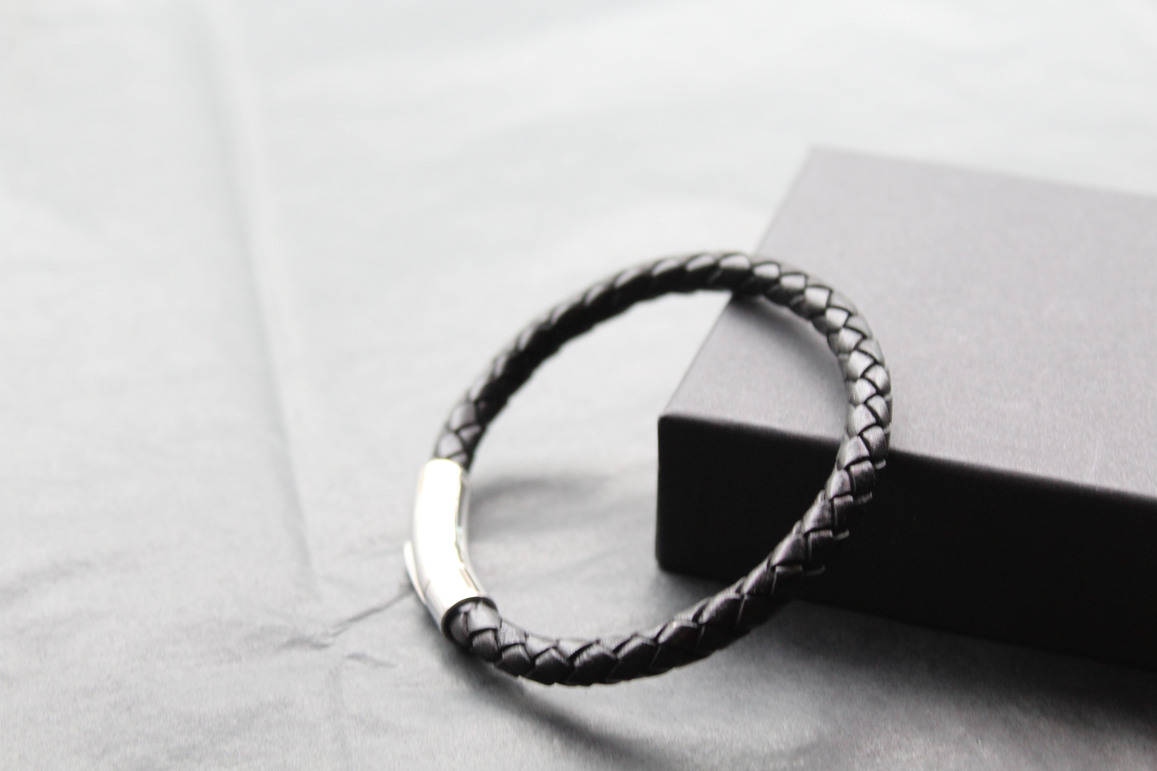 Black Leather Bracelet with Stainless Steel Clasp