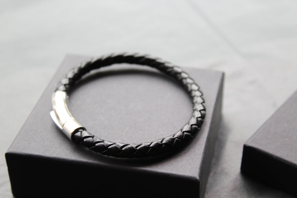 Black Leather Bracelet with Stainless Steel Clasp