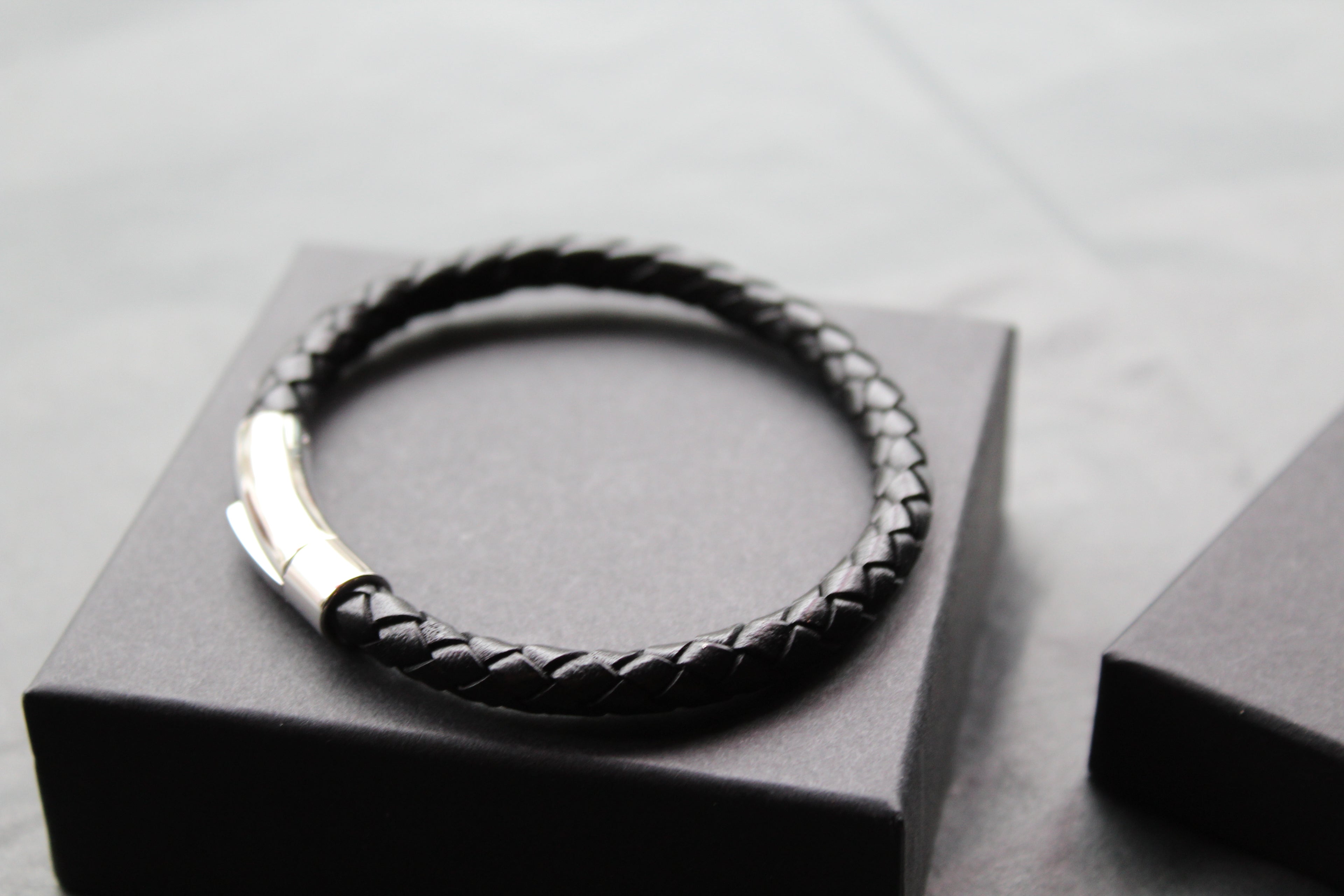 Black Leather Bracelet with Stainless Steel Clasp