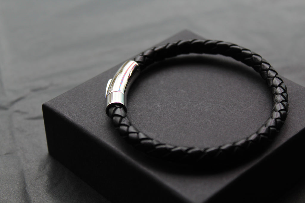 Black Leather Bracelet with Stainless Steel Clasp