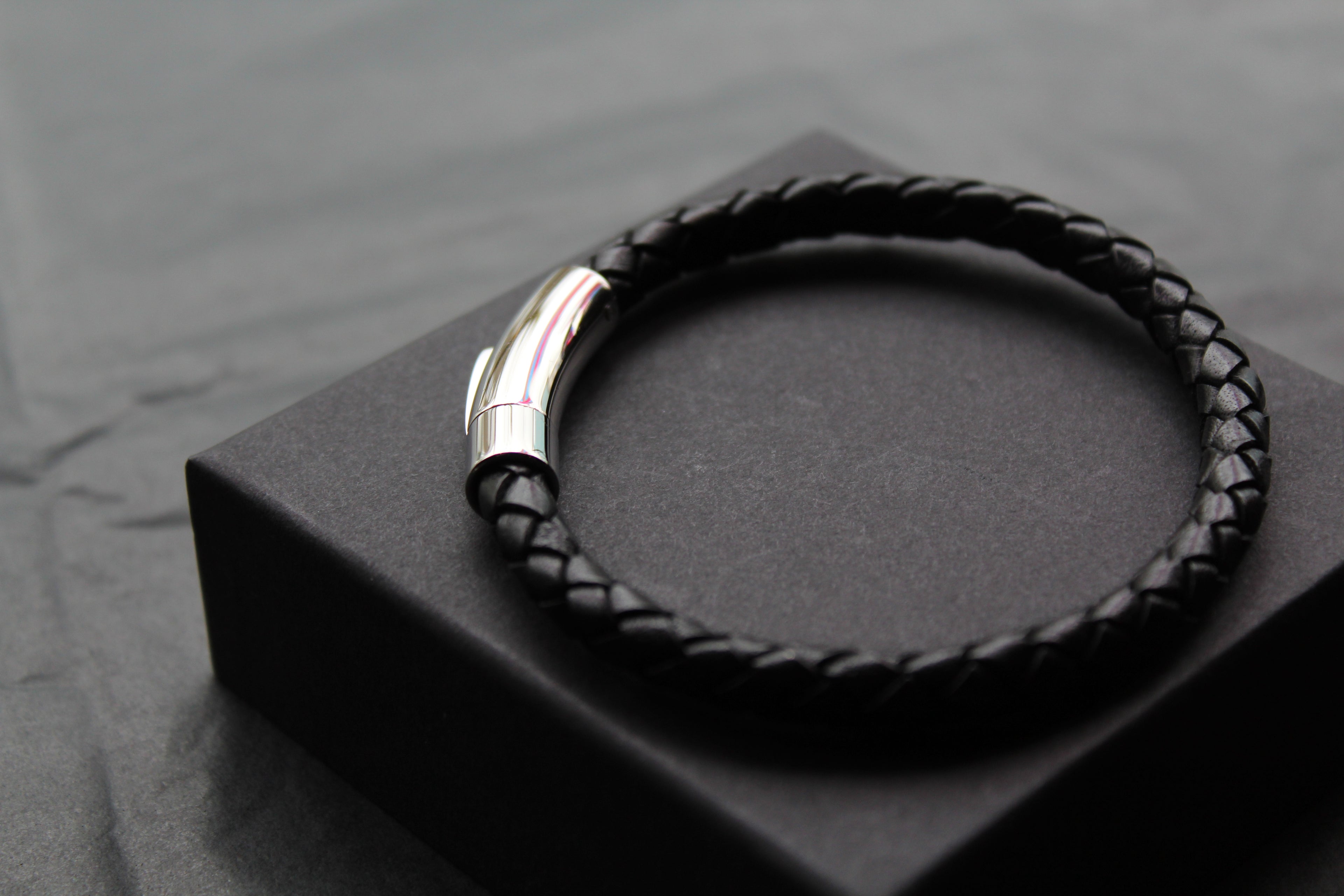 Black Leather Bracelet with Stainless Steel Clasp