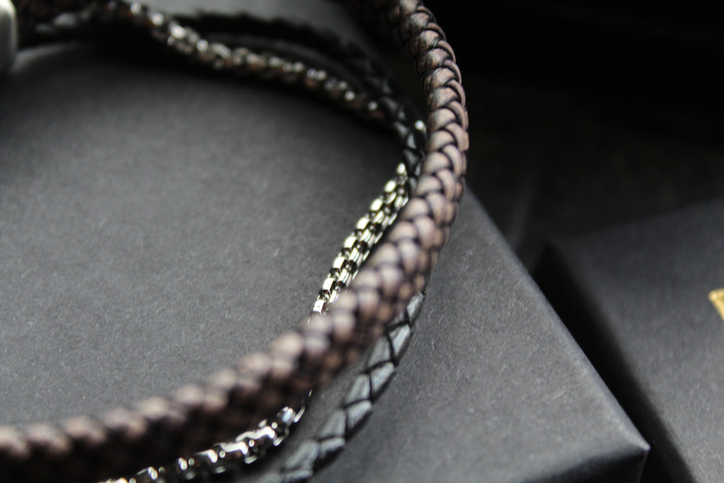 Black Leather Bracelet with Steel Chain