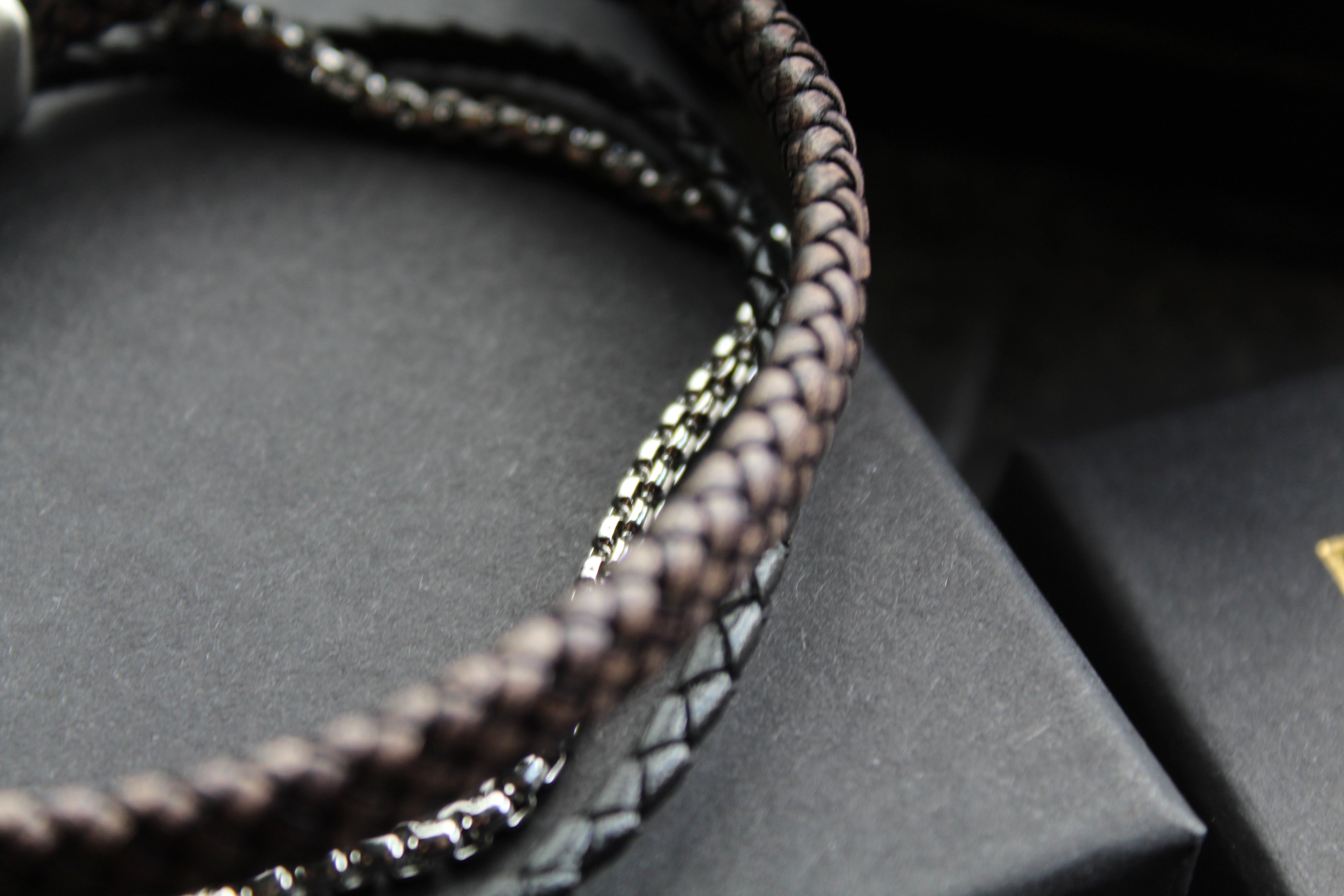 Black Leather Bracelet with Steel Chain