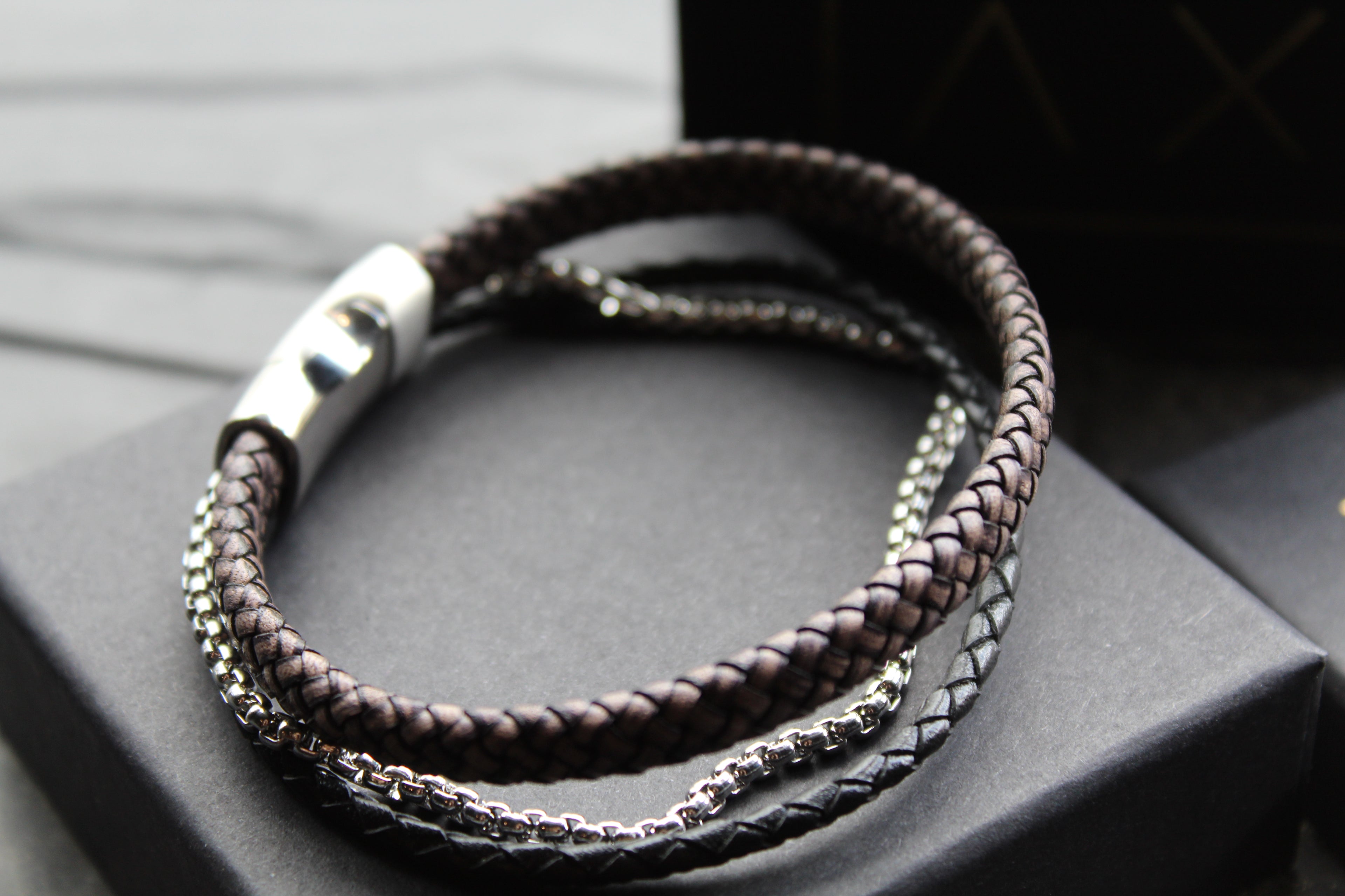 Black Leather Bracelet with Steel Chain