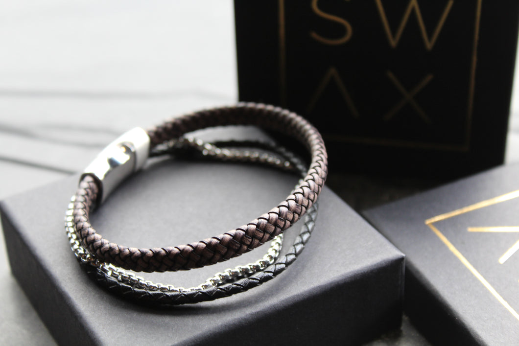 Black Leather Bracelet with Steel Chain