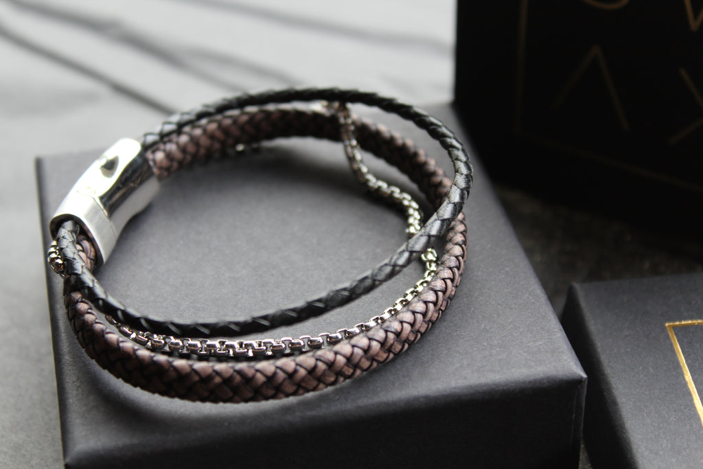 Black Leather Bracelet with Steel Chain