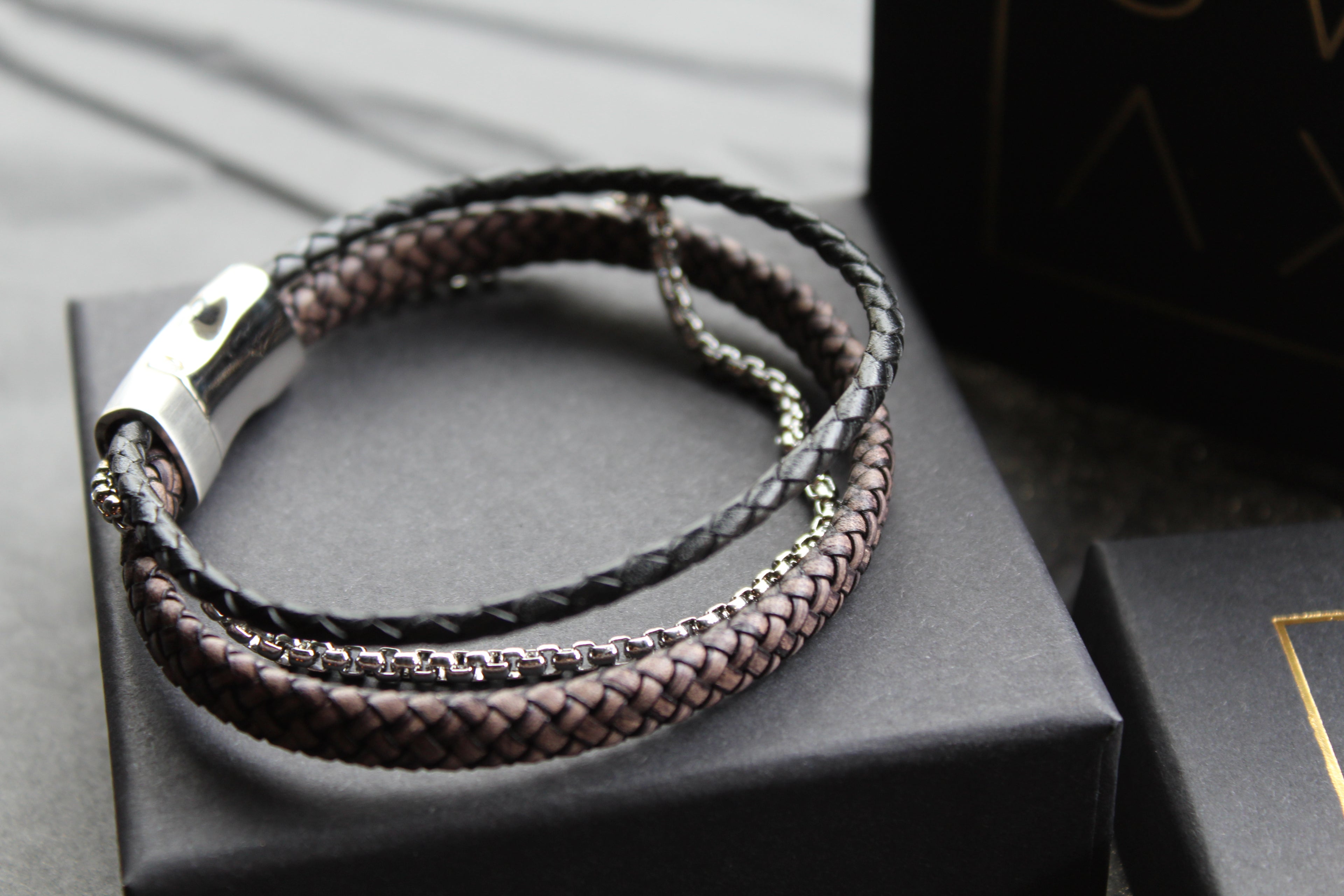 Black Leather Bracelet with Steel Chain