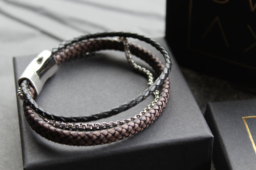 Black Leather Bracelet with Steel Chain