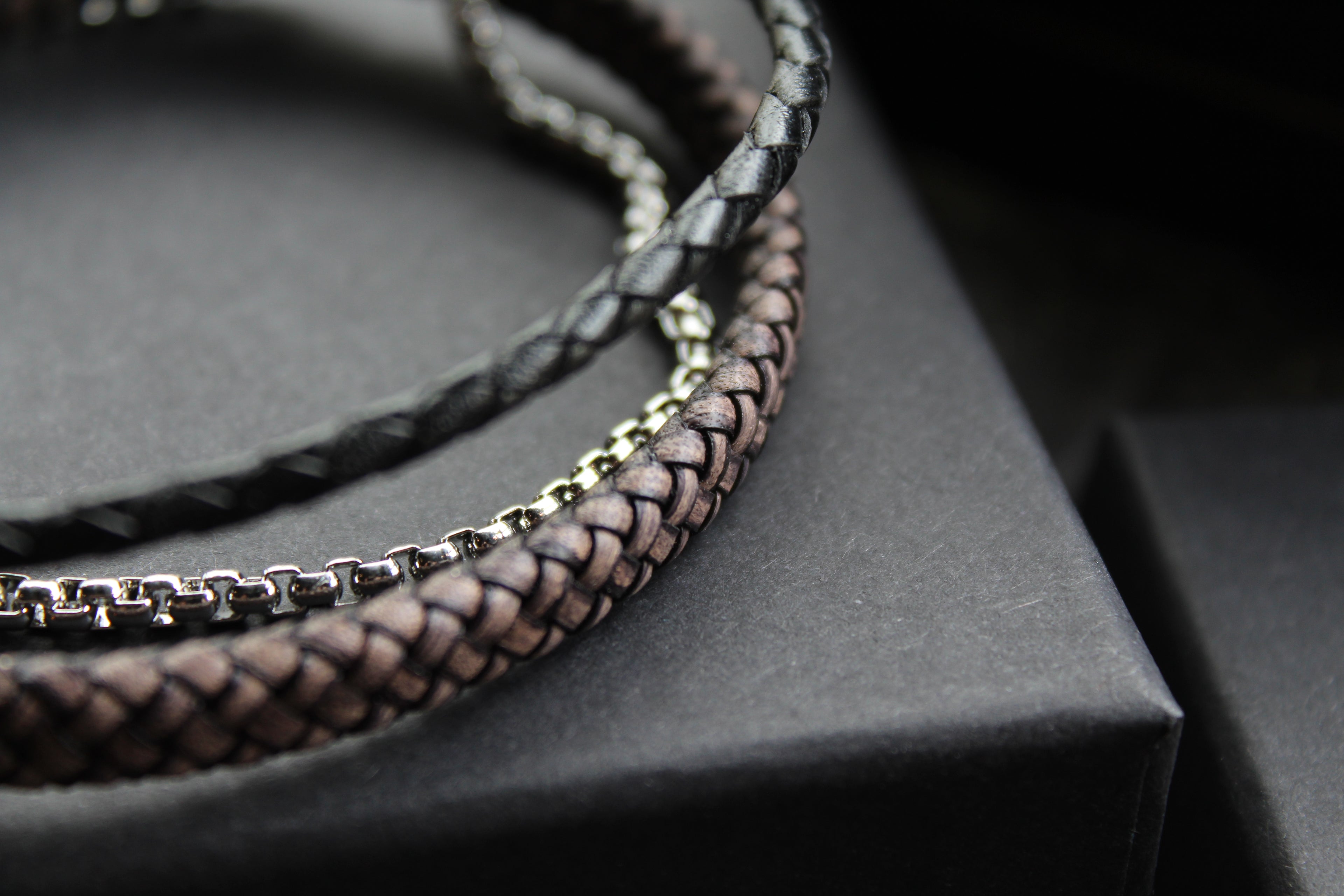 Black Leather Bracelet with Steel Chain