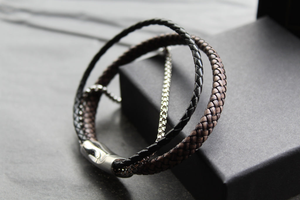 Black Leather Bracelet with Steel Chain