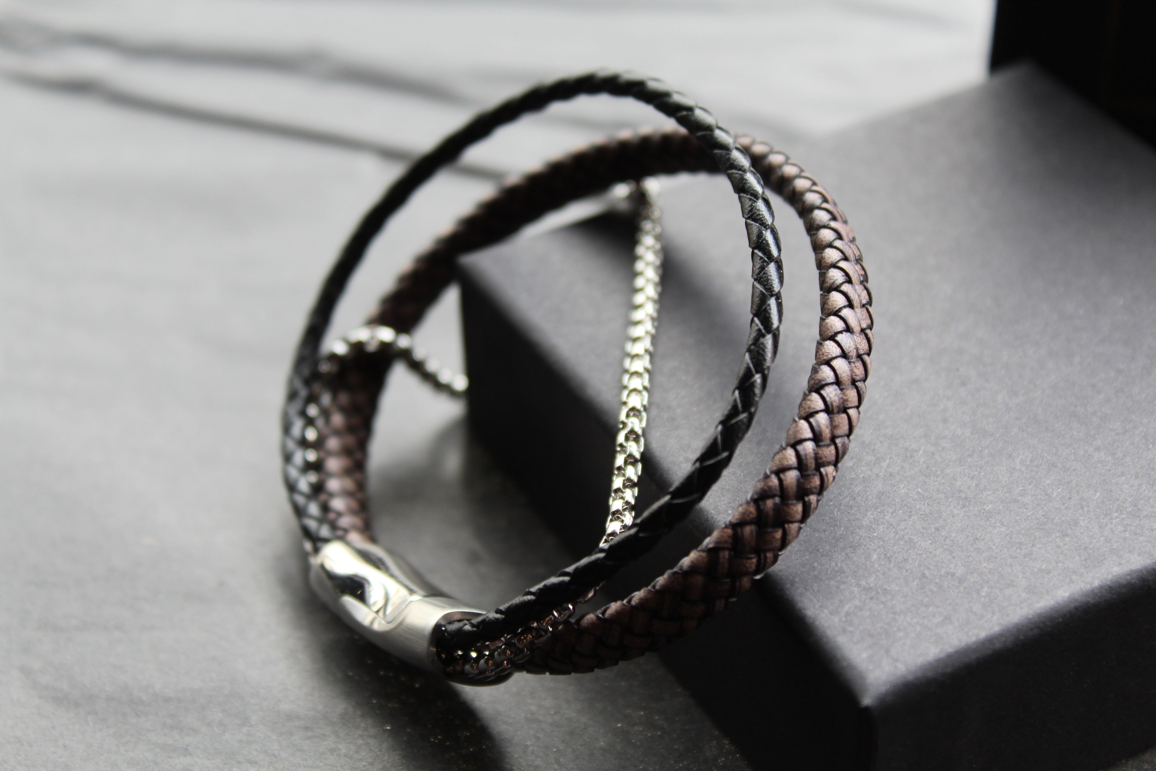 Black Leather Bracelet with Steel Chain