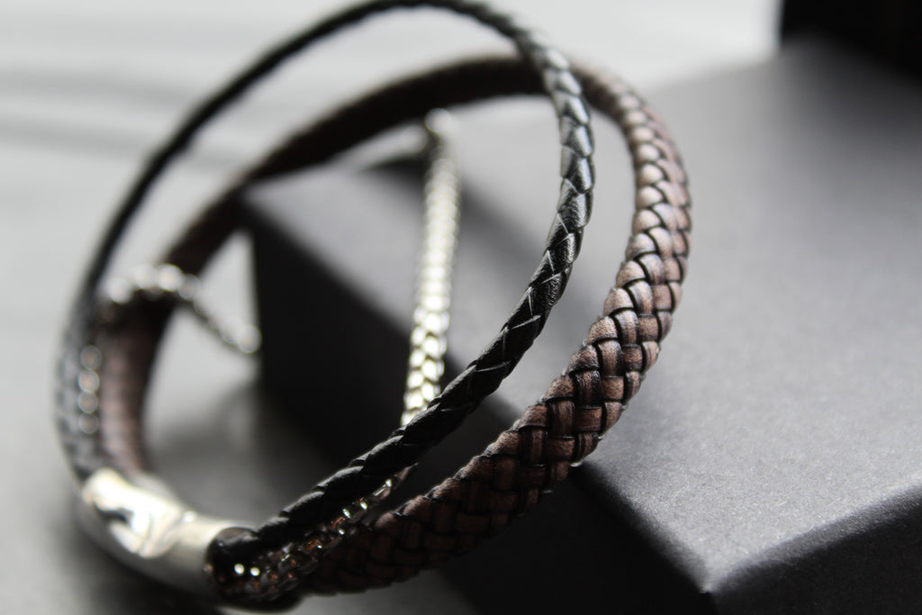 Black Leather Bracelet with Steel Chain