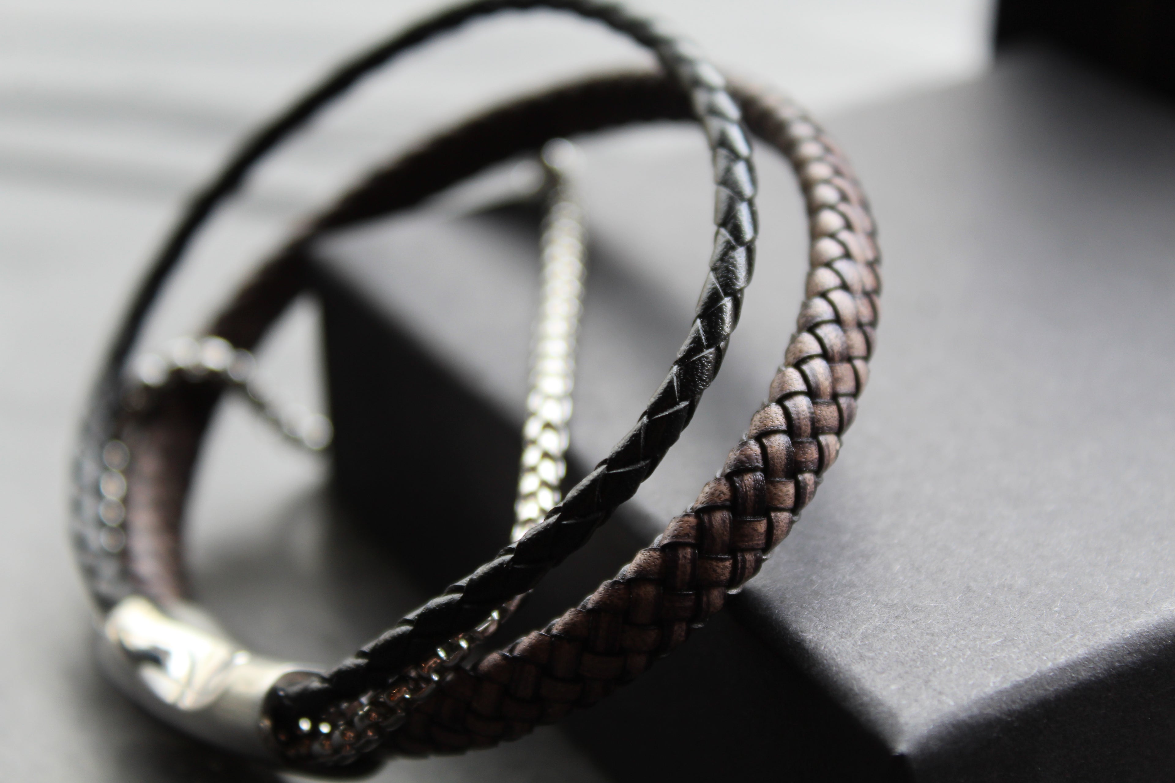 Black Leather Bracelet with Steel Chain