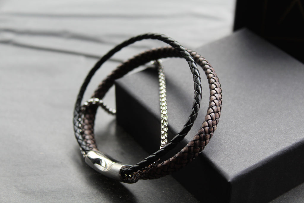 Black Leather Bracelet with Steel Chain