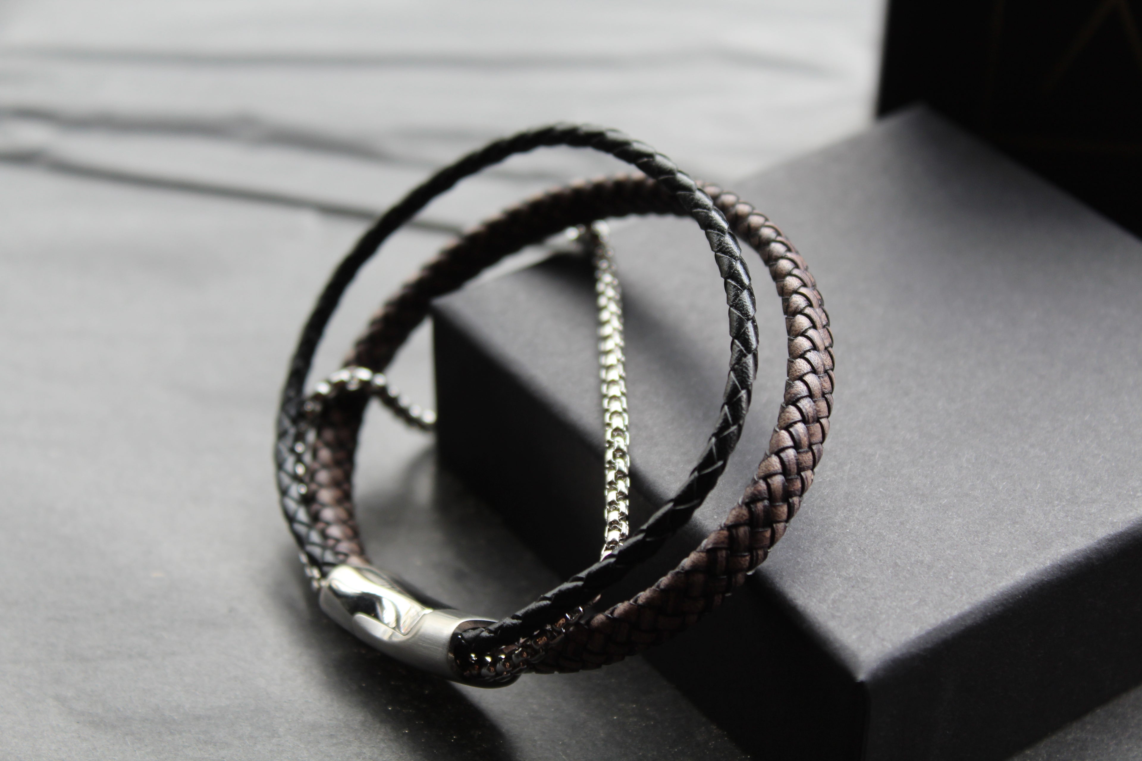 Black Leather Bracelet with Steel Chain