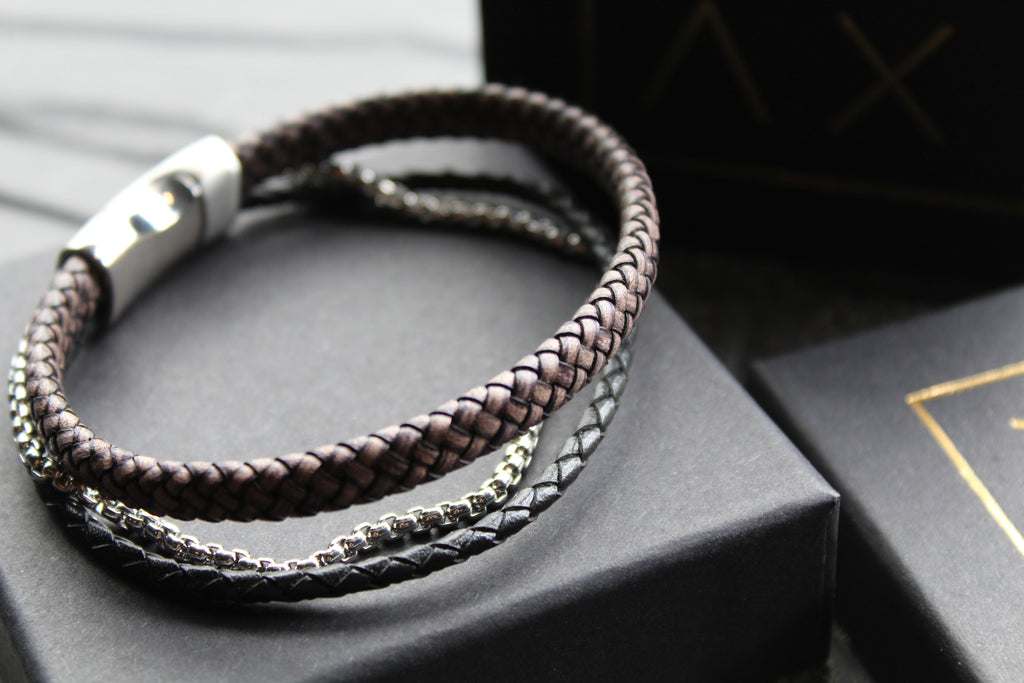 Black Leather Bracelet with Steel Chain
