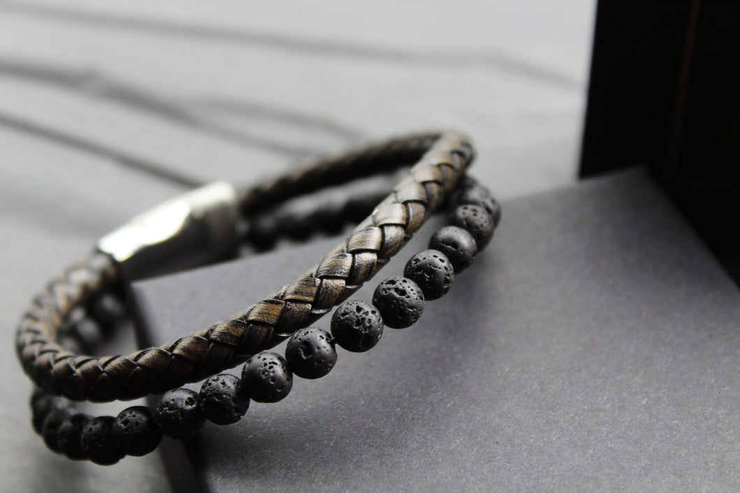 Black Leather and Lava Stone Bracelet