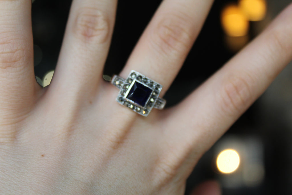 Blue CZ Sapphire Marcasite Ring