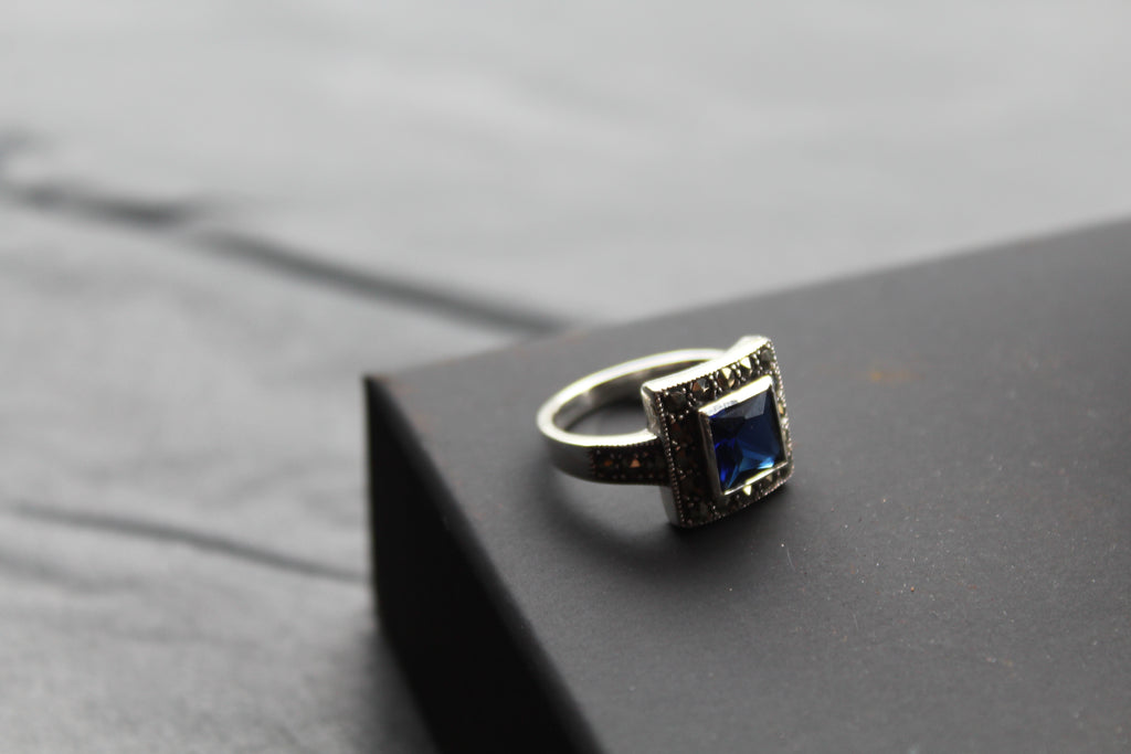 Blue CZ Sapphire Marcasite Ring