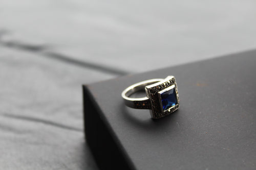 Blue CZ Sapphire Marcasite Ring