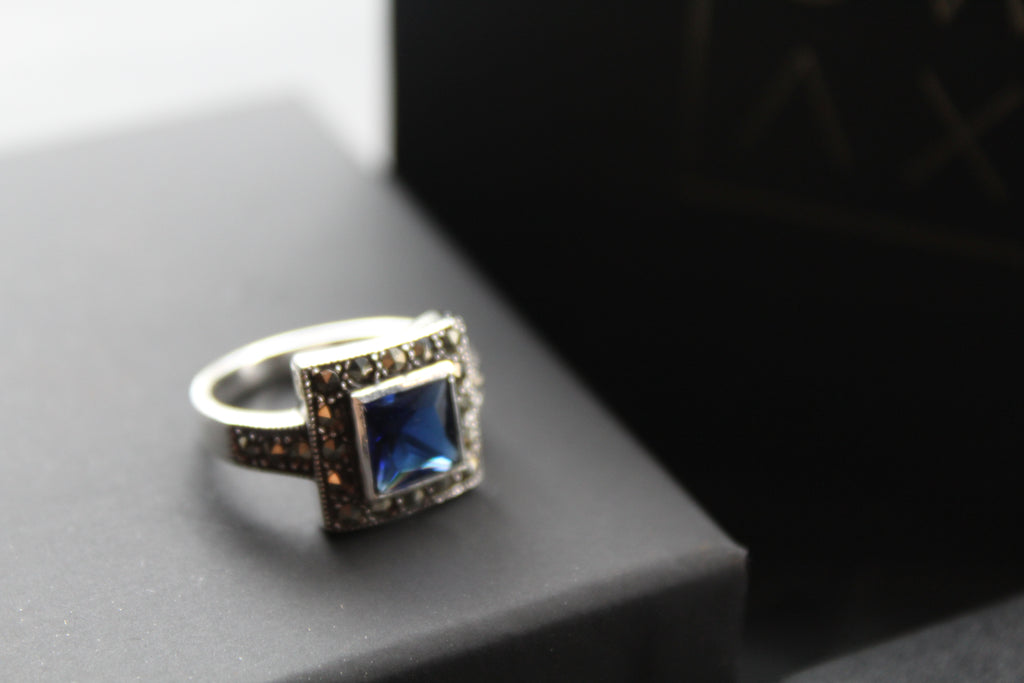 Blue CZ Sapphire Marcasite Ring
