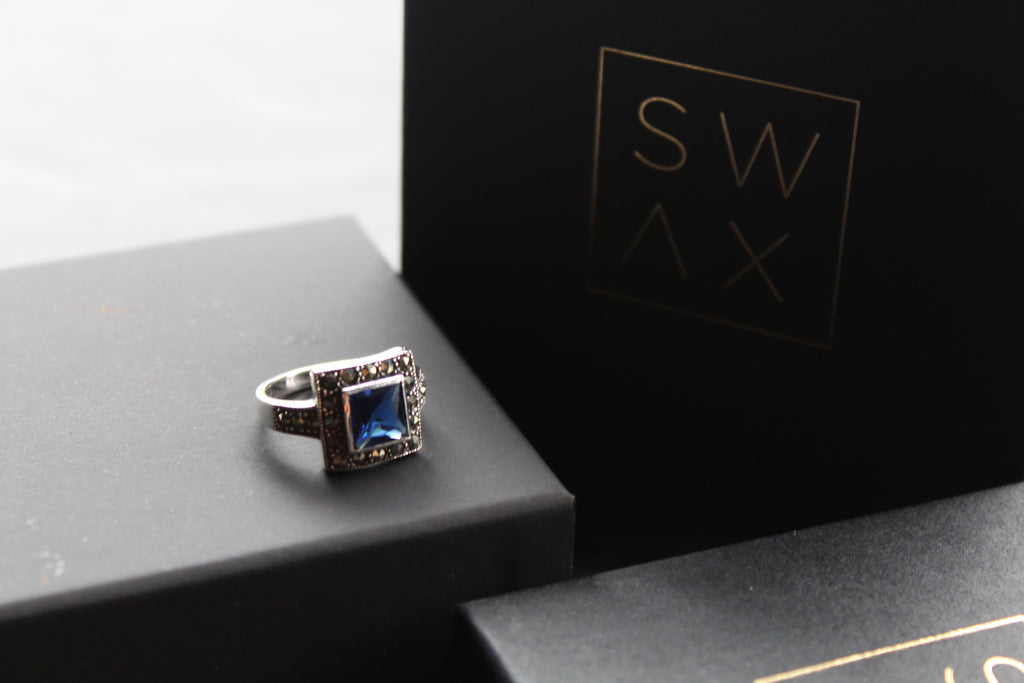 Blue CZ Sapphire Marcasite Ring