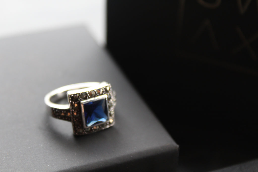 Blue CZ Sapphire Marcasite Ring