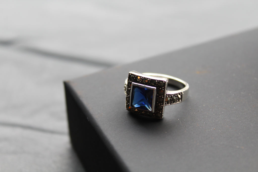 Blue CZ Sapphire Marcasite Ring