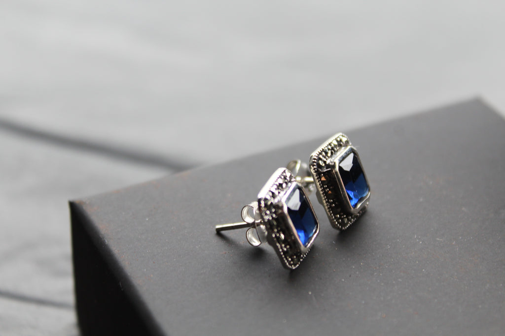 Blue CZ Sapphire Marcasite Studs