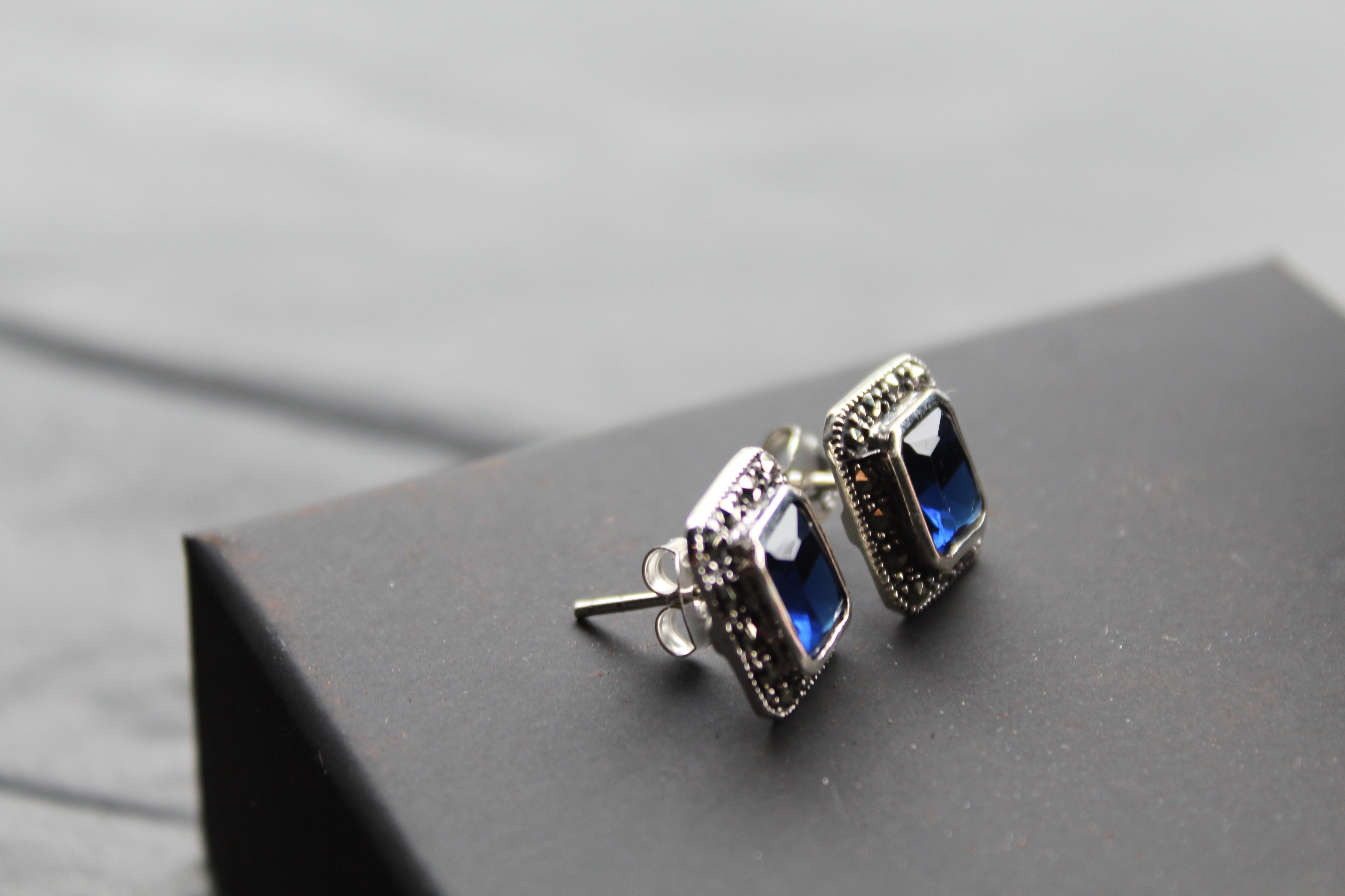 Blue CZ Sapphire Marcasite Studs