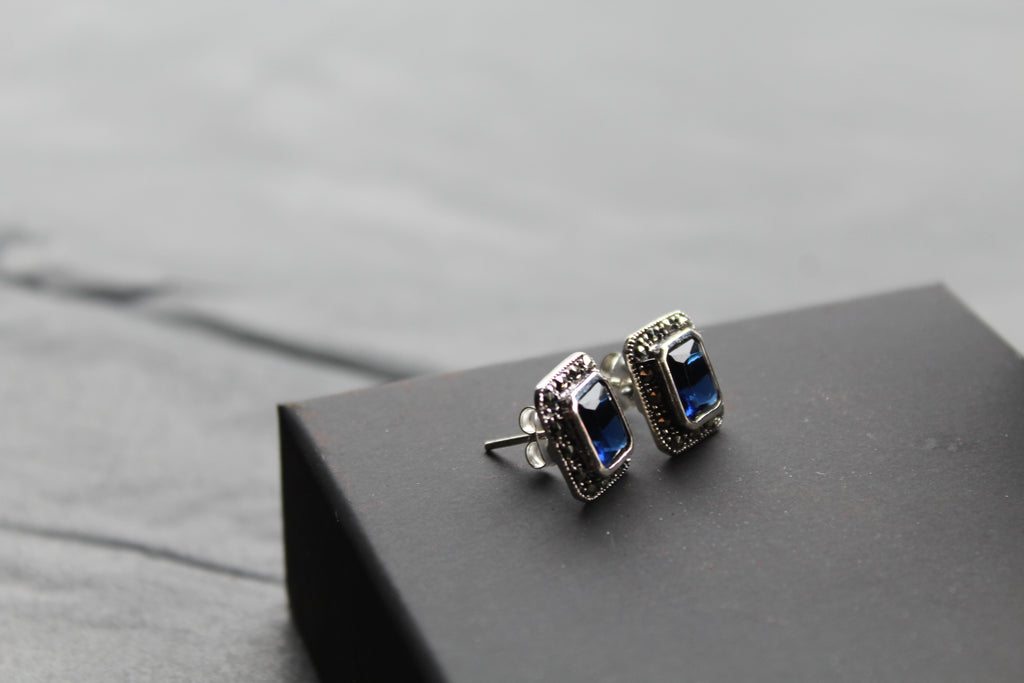 Blue CZ Sapphire Marcasite Studs