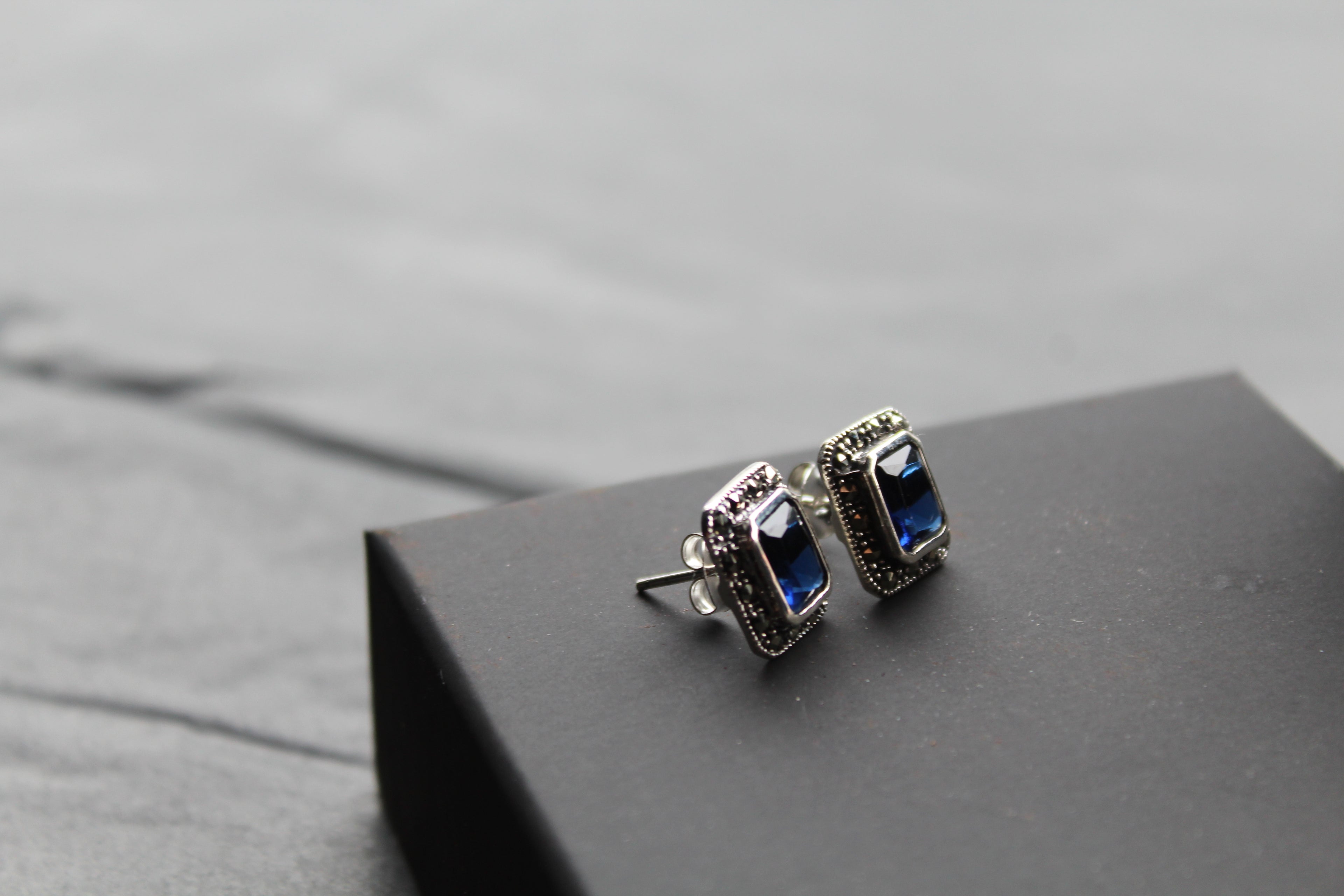 Blue CZ Sapphire Marcasite Studs