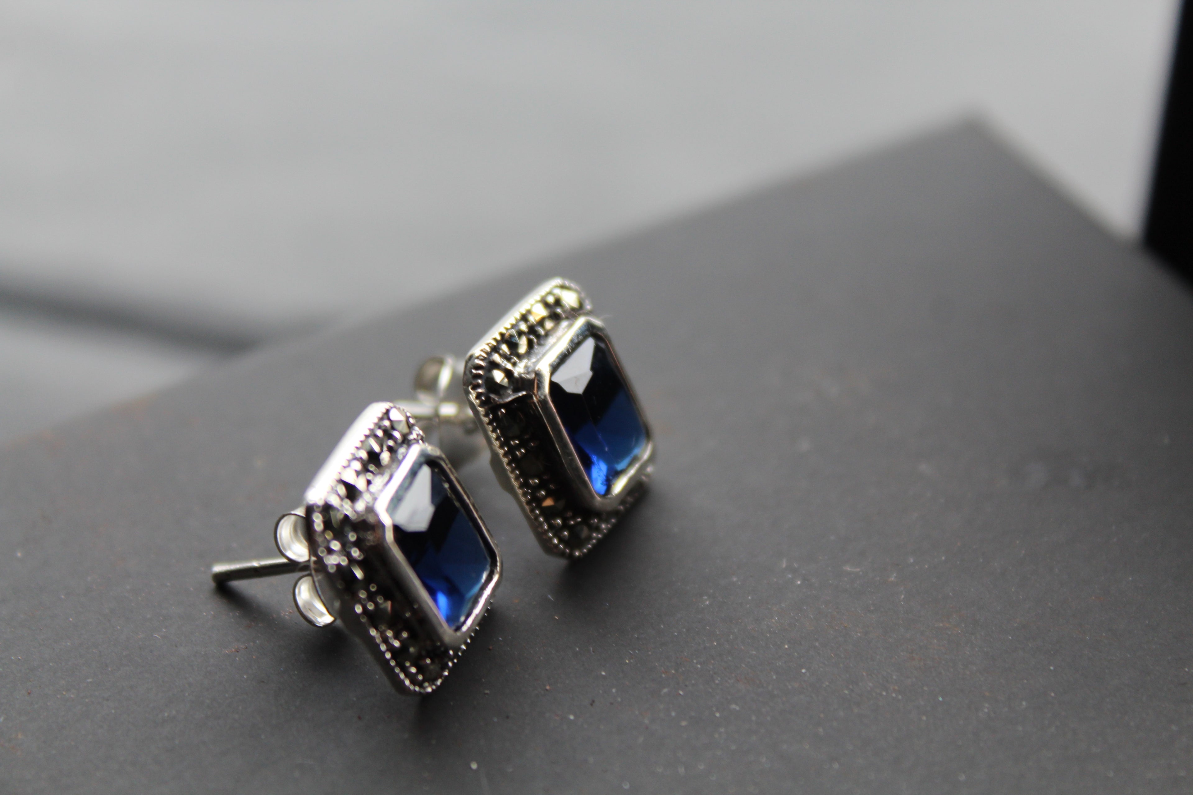 Blue CZ Sapphire Marcasite Studs