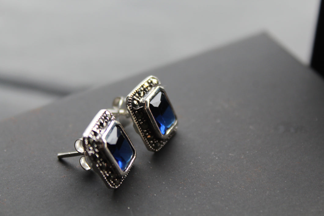 Blue CZ Sapphire Marcasite Studs