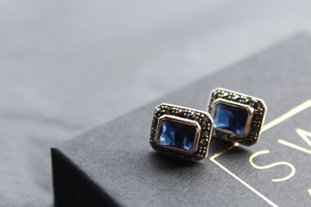 Blue CZ Sapphire Marcasite Studs