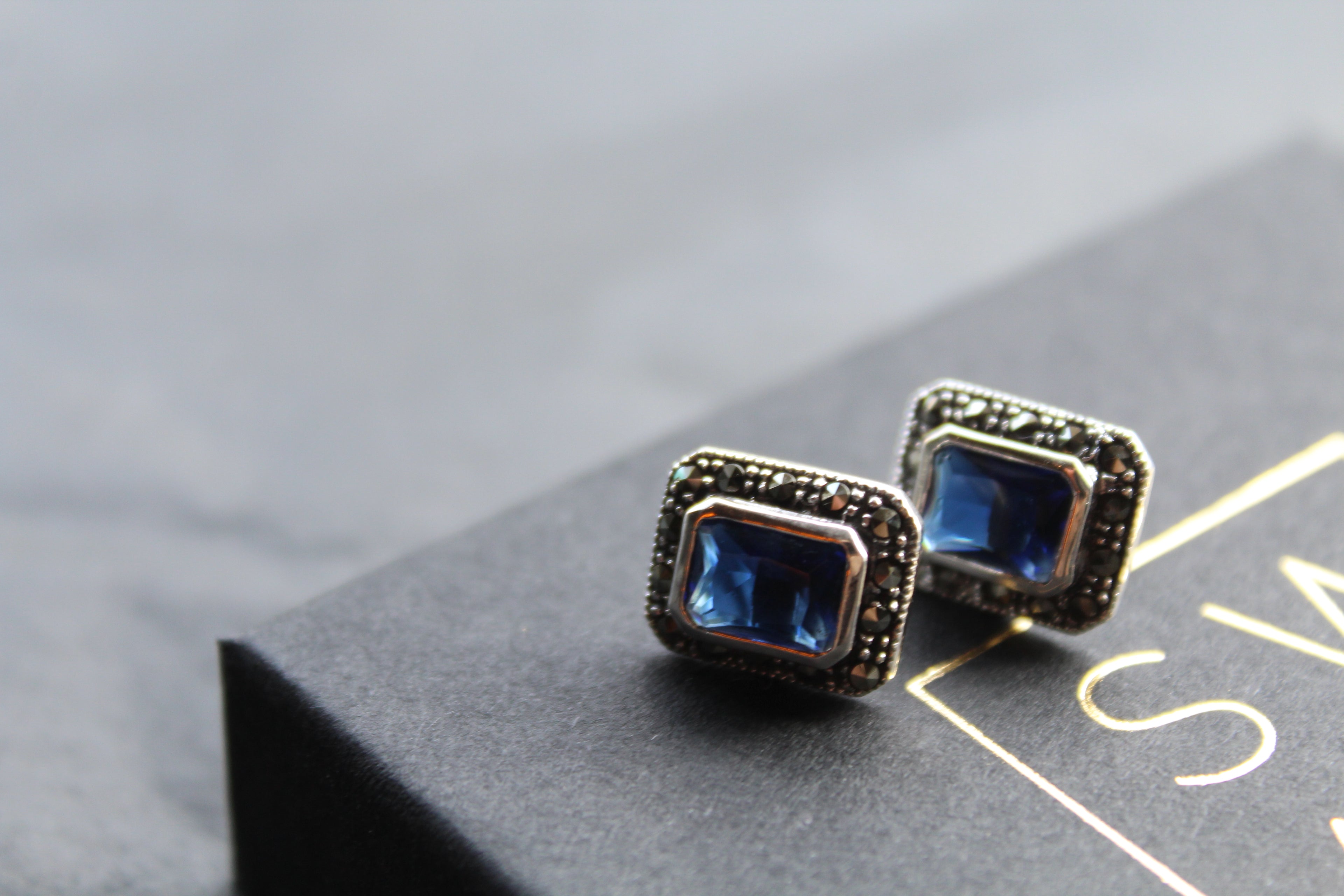 Blue CZ Sapphire Marcasite Studs