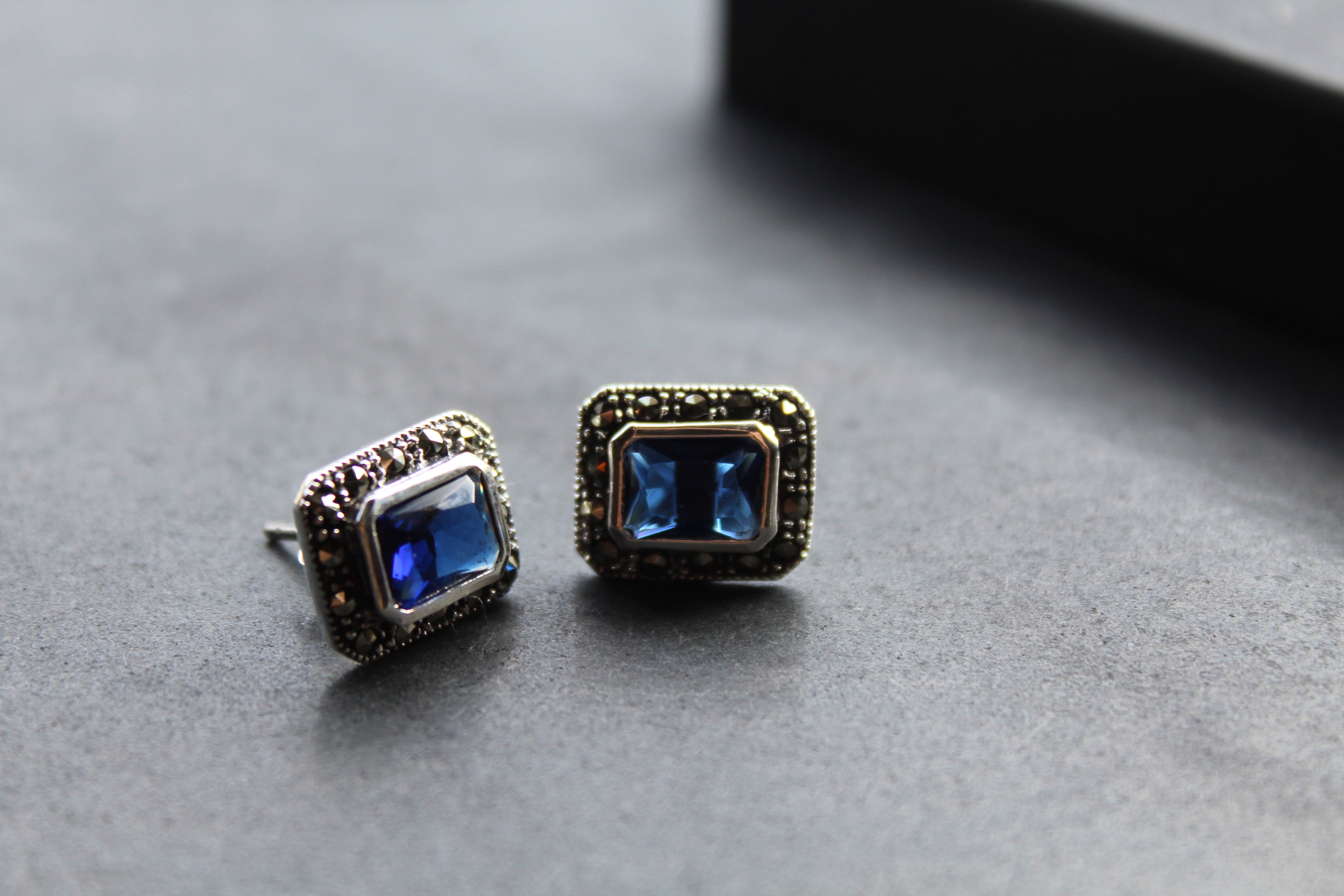 Blue CZ Sapphire Marcasite Studs