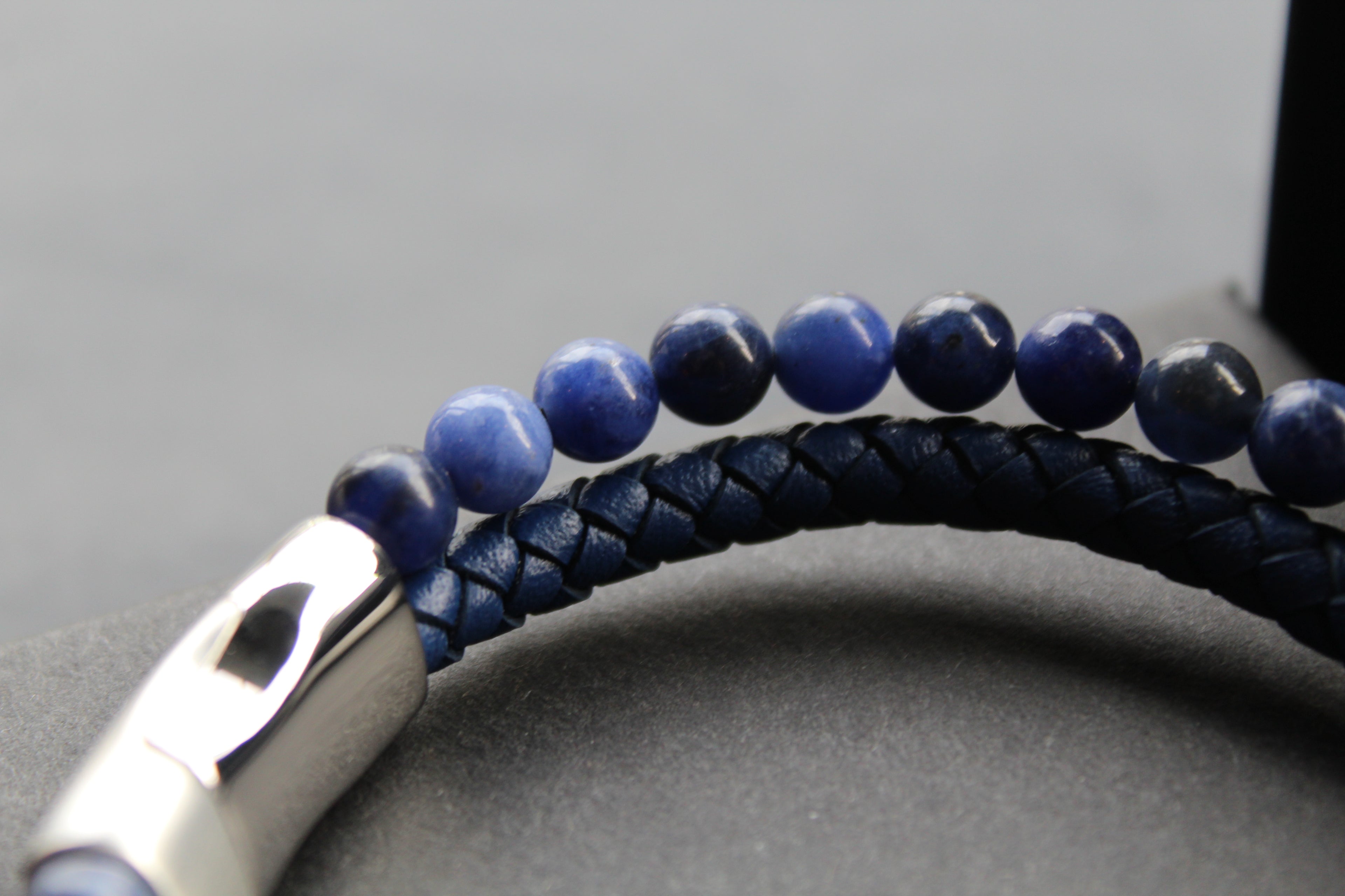 Sapphire Blue Leather Bracelet with Blue Beads and Steel Clasp