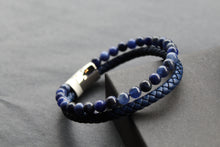 Load image into Gallery viewer, Sapphire Blue Leather Bracelet with Blue Beads and Steel Clasp
