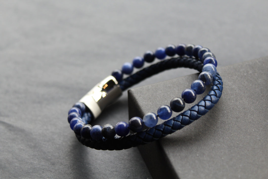 Sapphire Blue Leather Bracelet with Blue Beads and Steel Clasp
