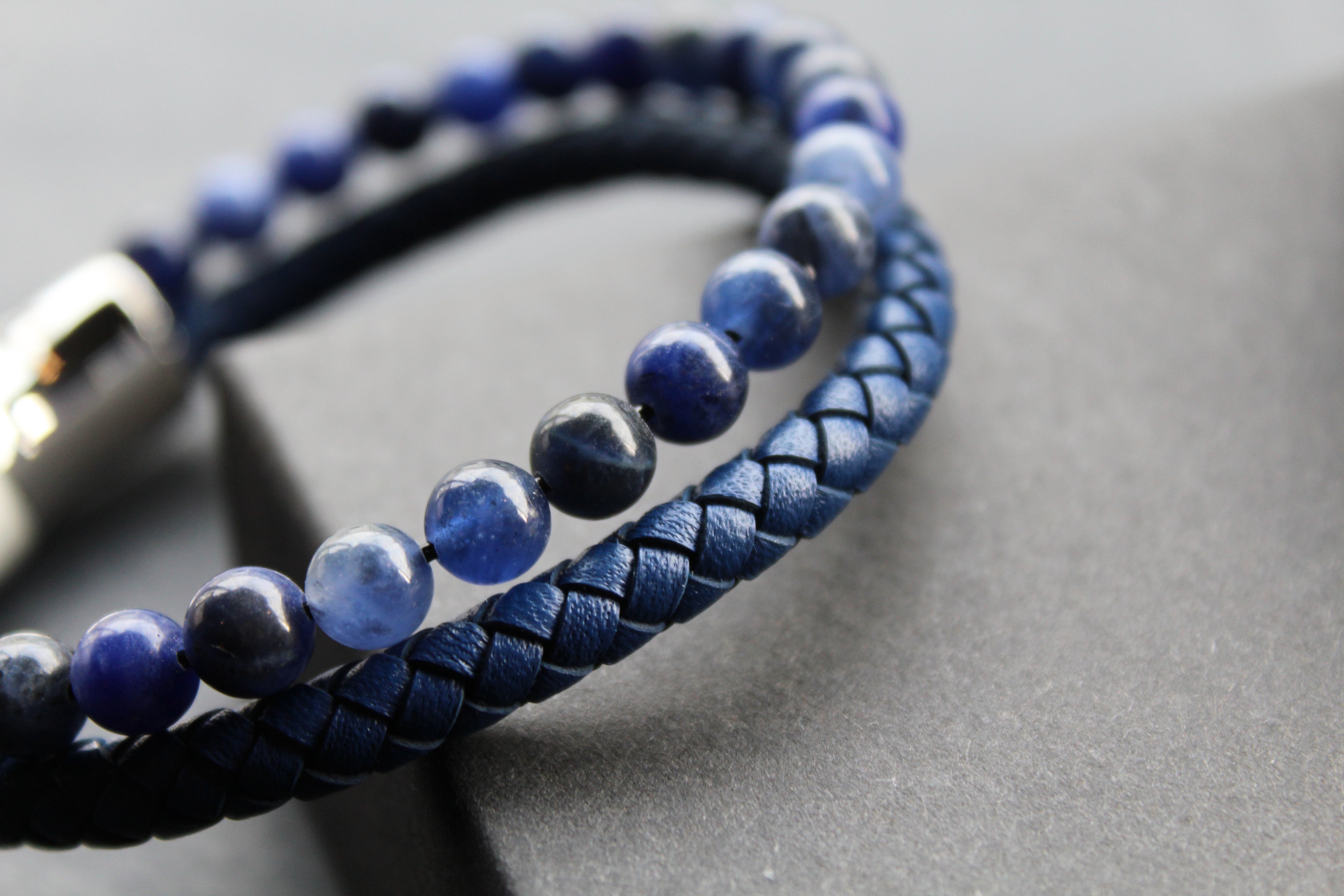 Sapphire Blue Leather Bracelet with Blue Beads and Steel Clasp