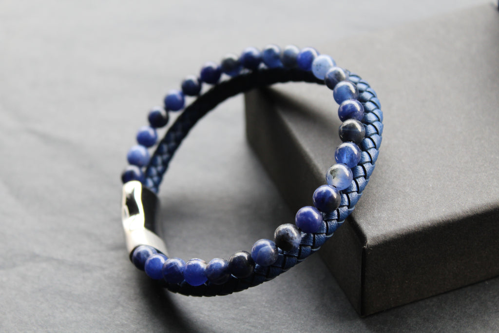 Sapphire Blue Leather Bracelet with Blue Beads and Steel Clasp